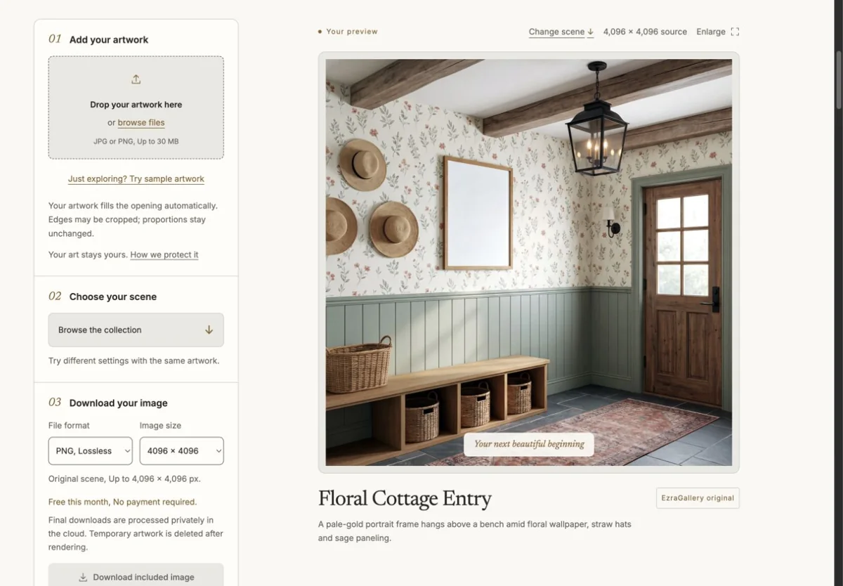 The Studio upload panel beside a prepared mockup scene, ready for a JPG or PNG