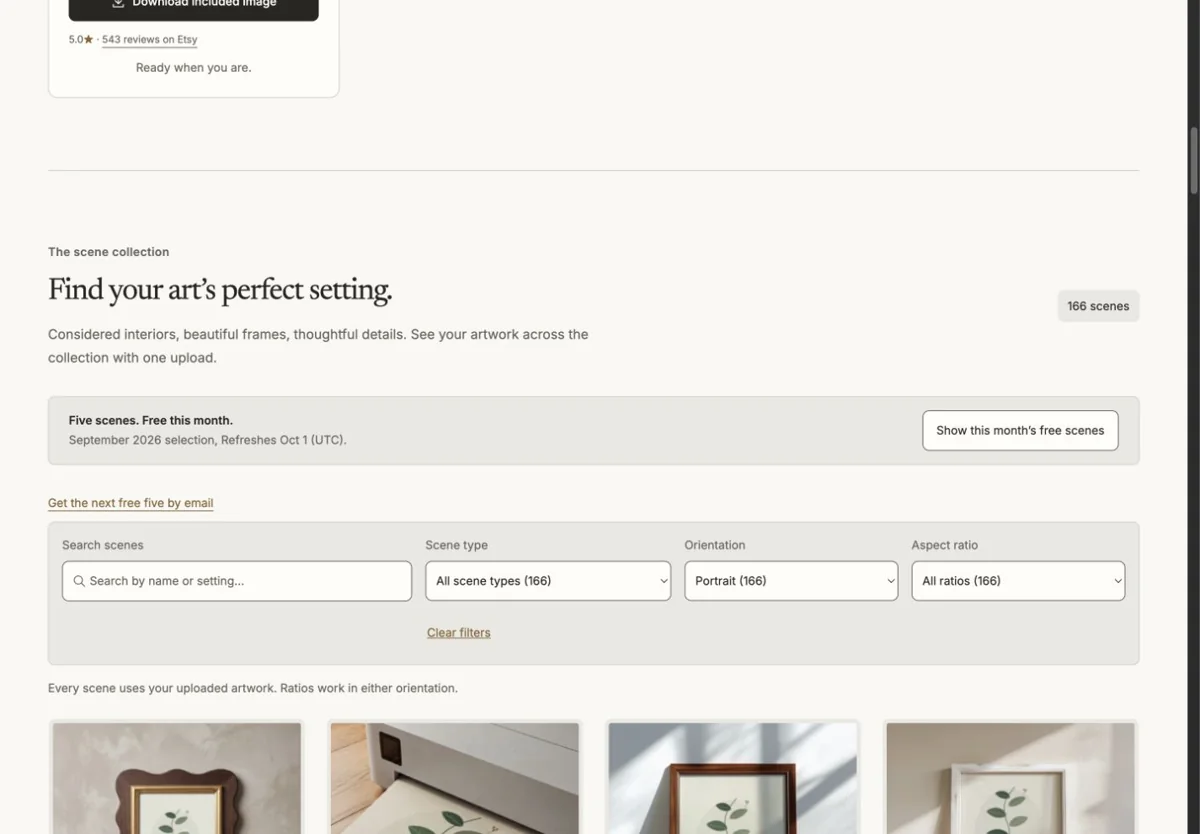 The scene collection grid showing the uploaded artwork rendered inside several frames