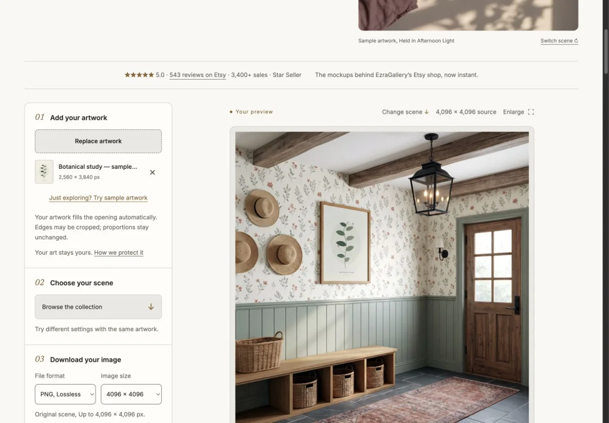 The Download your image panel with PNG selected, the included download action, and a finished preview