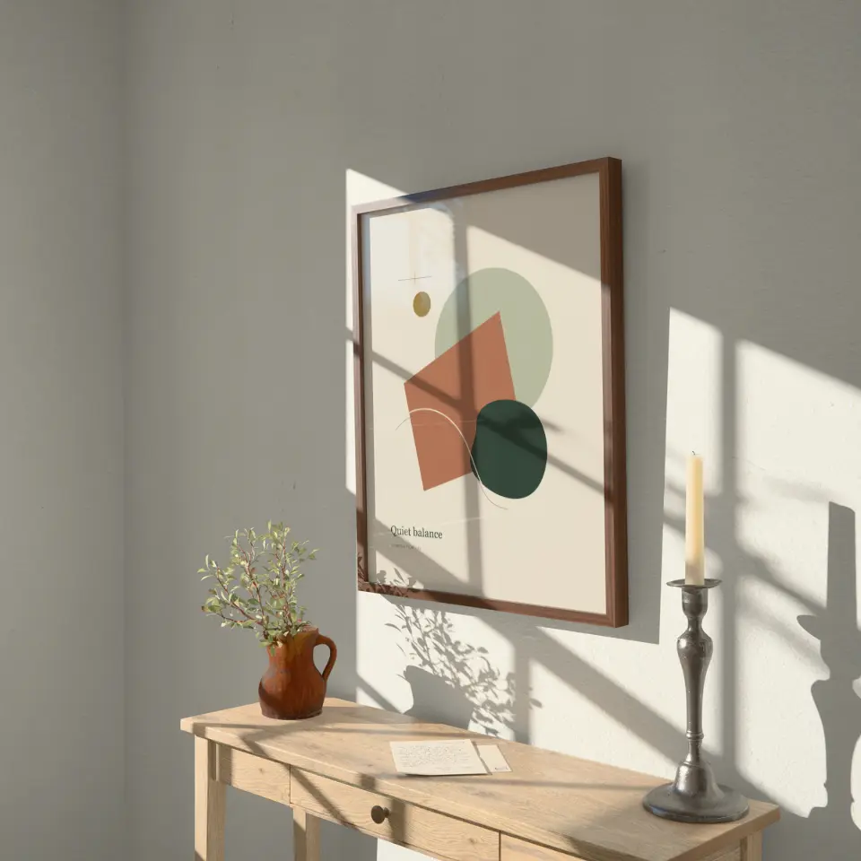 Pewter & Windowpane: Present your artwork in a slim dark wood portrait frame hung at a gentle angle on a pale wall, crossed by windowpane shadows in low golden sun.