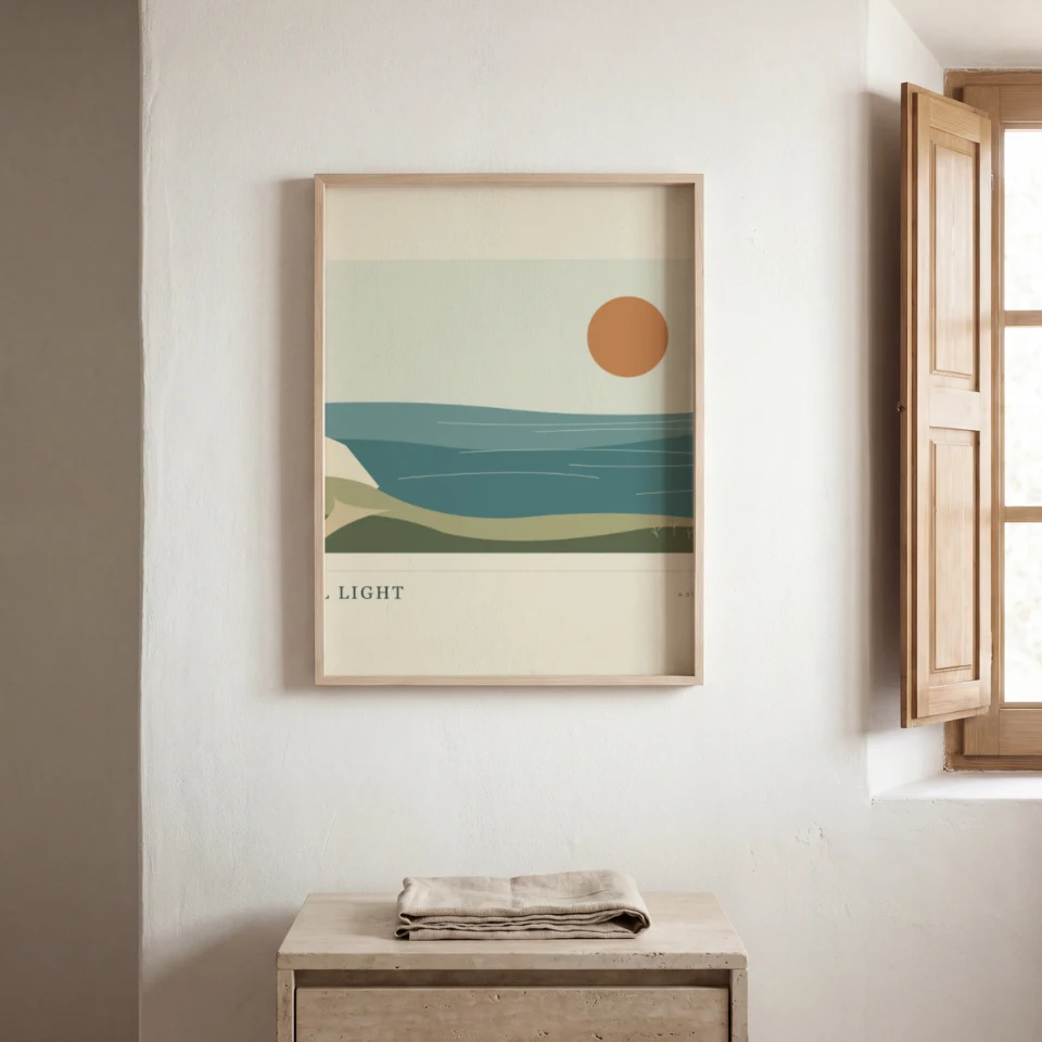 Shutters & Travertine: Present your artwork in a slim light oak portrait frame on a white plaster wall above a travertine cabinet with a folded linen cloth.