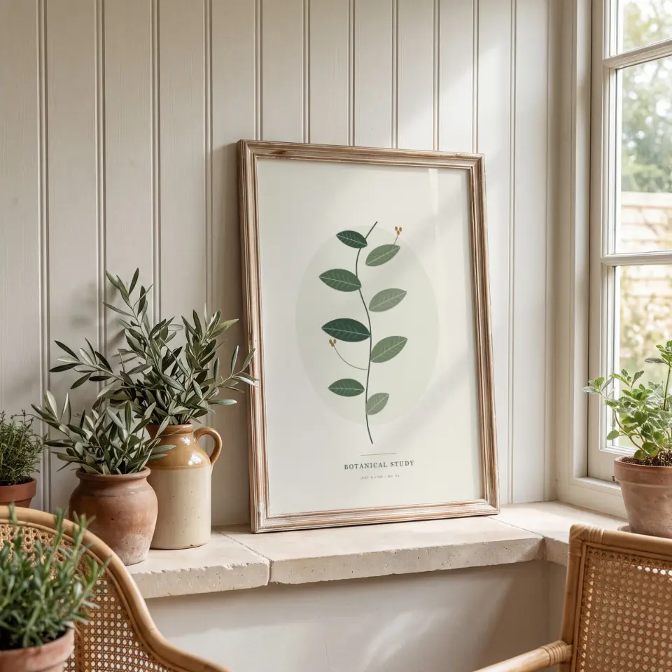 Beadboard & Cane: Present your artwork in a limed light wood moulded frame leaning on a cream stone window ledge against tongue-and-groove panelling.