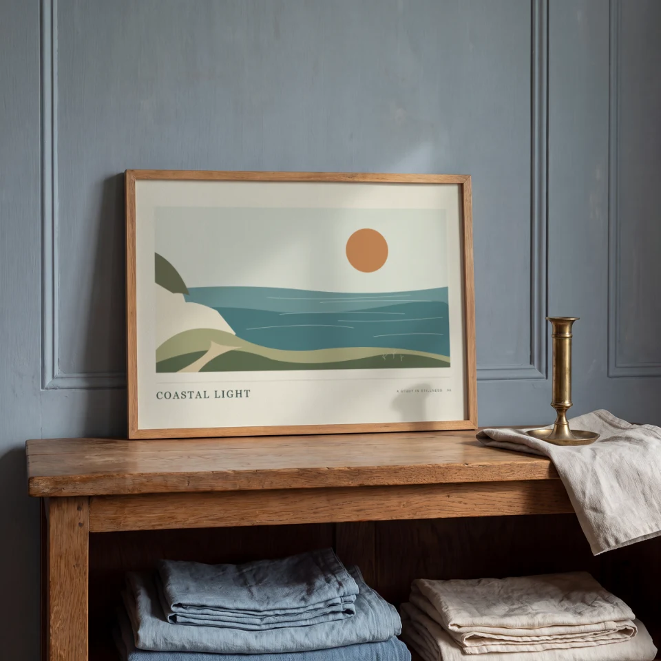 Slate & Linen: Present your artwork in a slim light-wood landscape frame leaning on a rustic wooden shelf against slate-blue wall paneling.