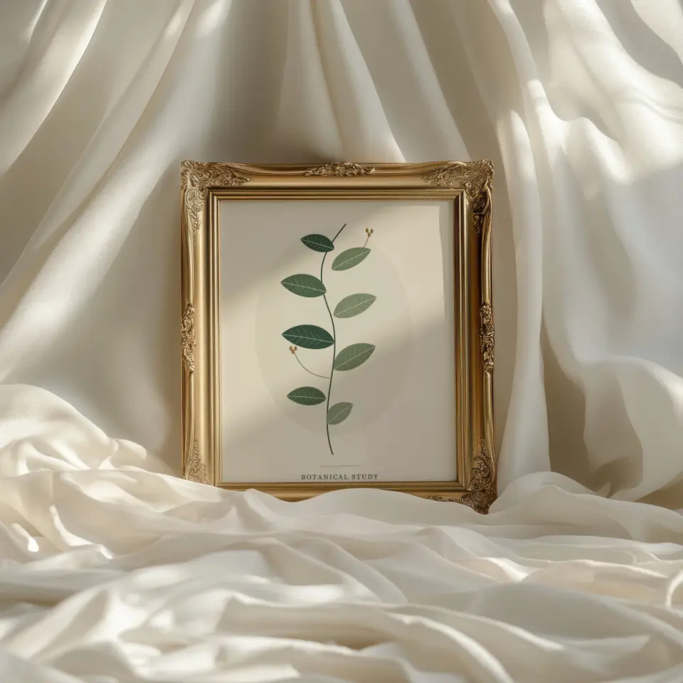 Gilded linen: An ornate gold frame with scrolled corners sits nestled among folds of draped ivory fabric, lit by a diagonal wash of soft afternoon sun.