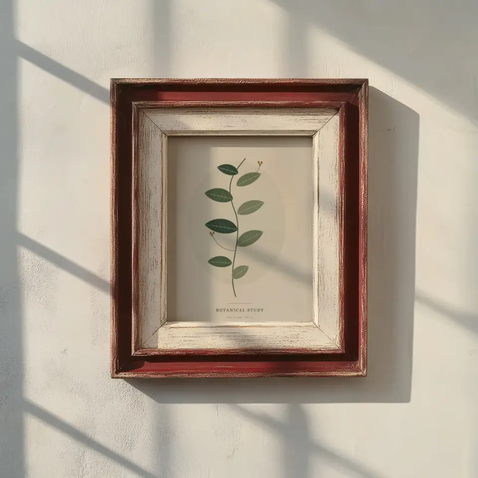Heirloom shadow: Two stacked mouldings, an oxblood red outer band and a chalky cream inner bevel, make up this well-worn frame hung on a pale plaster wall.