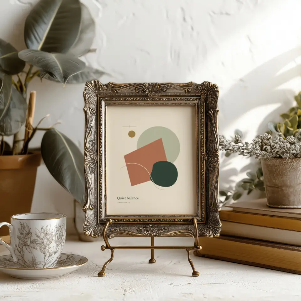 Ornate desktop: A small ornate frame in patinated bronze sits on a brass tabletop easel, surrounded by a floral teacup, a stack of hardback books, a potted rubber plant, and a pot of dusty lavender against textured white plaster.