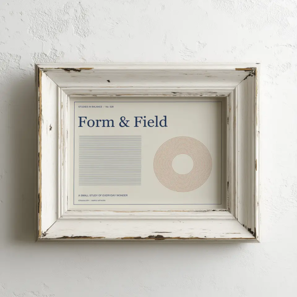 Weathered white: Chipped and flaking white paint reveals dark timber beneath on this wide, deeply stepped frame, hung on a rough white plaster wall and viewed straight on.