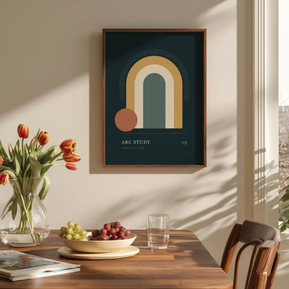 Tulip dining room: A thin walnut frame hangs on a warm greige wall above a polished wooden dining table set with a bowl of grapes, a glass of water, and a vase of red and yellow tulips.