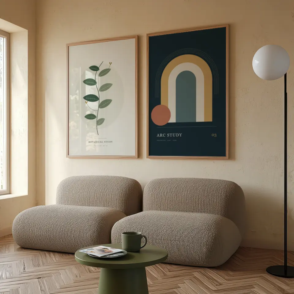 Sunlit pair: Two matching natural oak frames hang side by side above a pair of pebble-shaped bouclé seats, with a globe floor lamp and a green side table finishing a warm, contemporary living room.