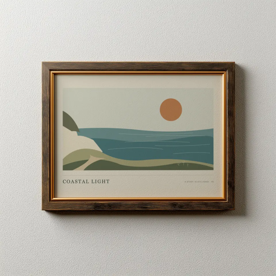 Bronze landscape: A slim frame in dark bronzed wood with a fine gold inner lip hangs on a smooth pale grey wall, lit evenly from the front with a gentle shadow beneath.