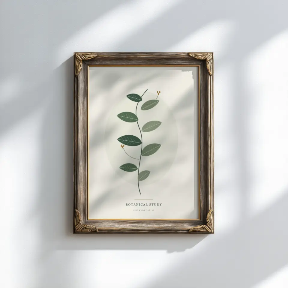 Silver leaf light: Brushed silver leaf over dark wood gives this frame a softly aged shimmer, with small carved leaf motifs at each corner and a thin gold inner edge.