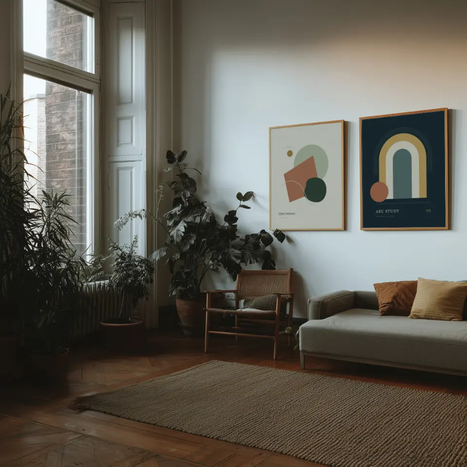 Window-side pair: Two matching natural oak frames hang side by side on a pale wall in a tall-windowed sitting room filled with potted plants, a cane armchair, a grey sofa with ochre cushions and a jute rug over parquet.