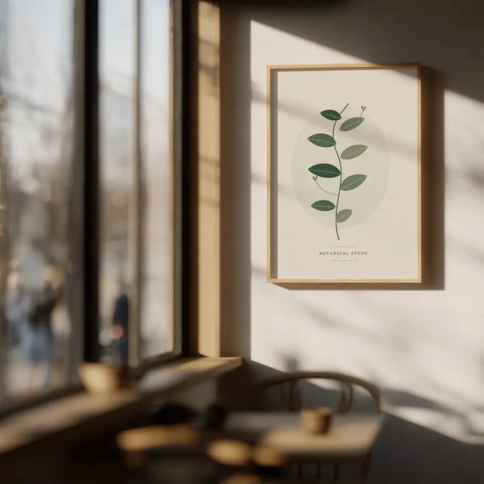 Window-side nook: A slim natural oak frame hangs on a cream wall beside a tall café window, where low sun rakes in over a small wooden table, a bentwood chair, and a couple of cups.