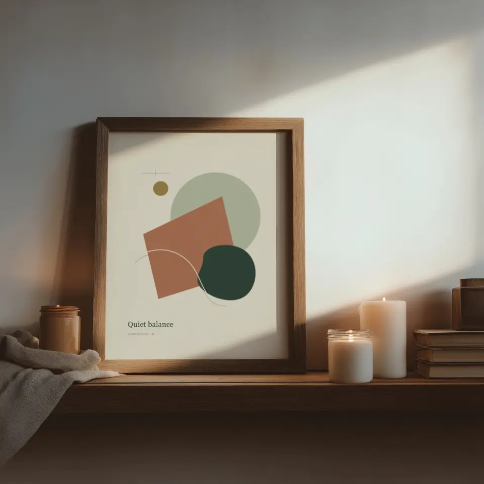 Candlelit ledge: A slim walnut frame leans on a wooden ledge beside two glowing pillar candles, a stack of well-thumbed books, and a draped linen cloth, with evening light sliding across the wall behind.