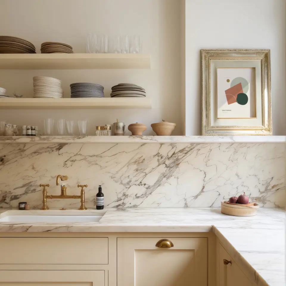 Marble kitchen: An ornate gold frame with a stepped, gilded moulding stands on an open cream shelf above a marble kitchen backsplash.