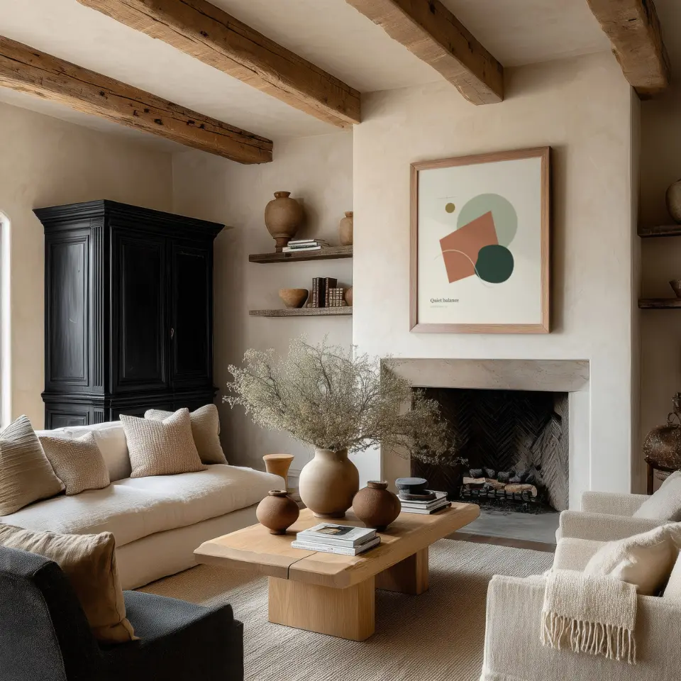 Country living room: A slim natural-oak frame hangs centred above a plaster chimney breast in a country living room with exposed timber beams overhead.