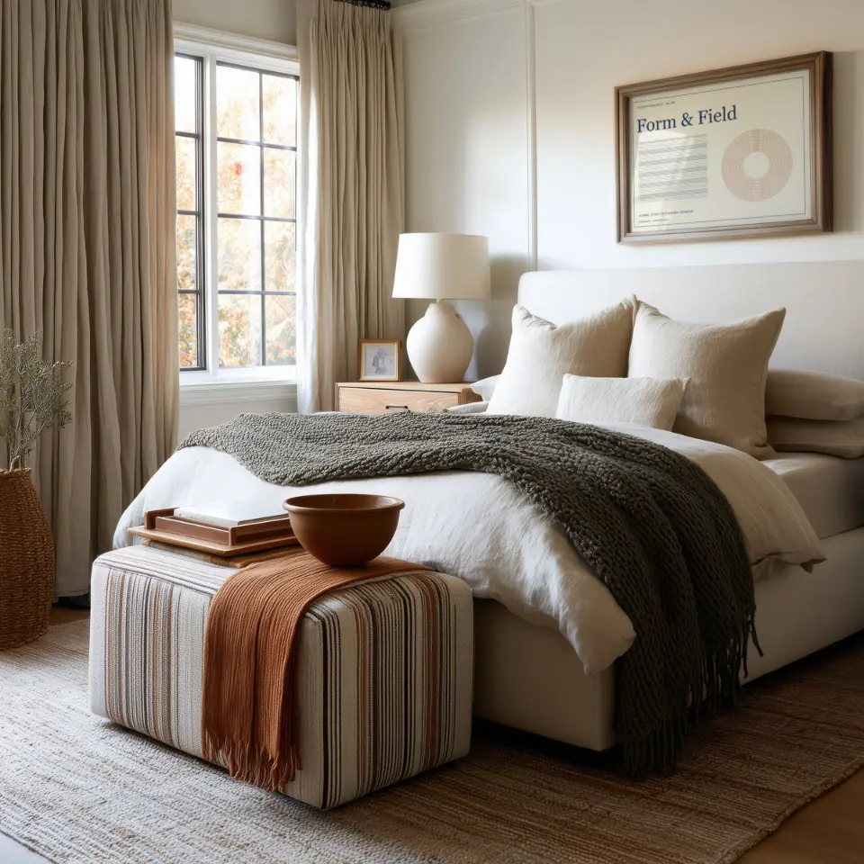 Linen bedroom: A slim walnut frame hangs above an upholstered headboard in a calm bedroom dressed in cream linen and a chunky grey knitted throw.