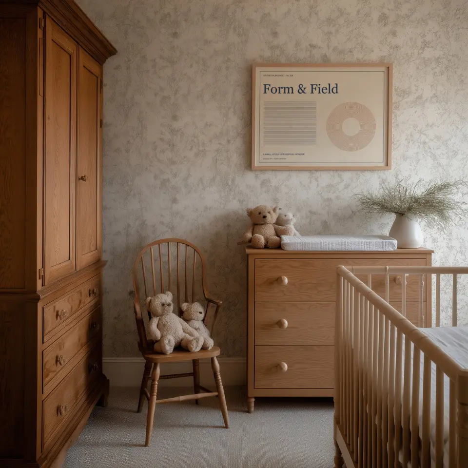 Woodland nursery: A slim natural-oak frame hangs on mottled beige wallpaper above a small oak chest of drawers in a woodland-themed nursery.