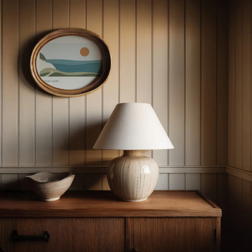 Oak oval: A landscape oval frame in pale natural oak hangs on olive-toned beadboard panelling above a mid-century sideboard.