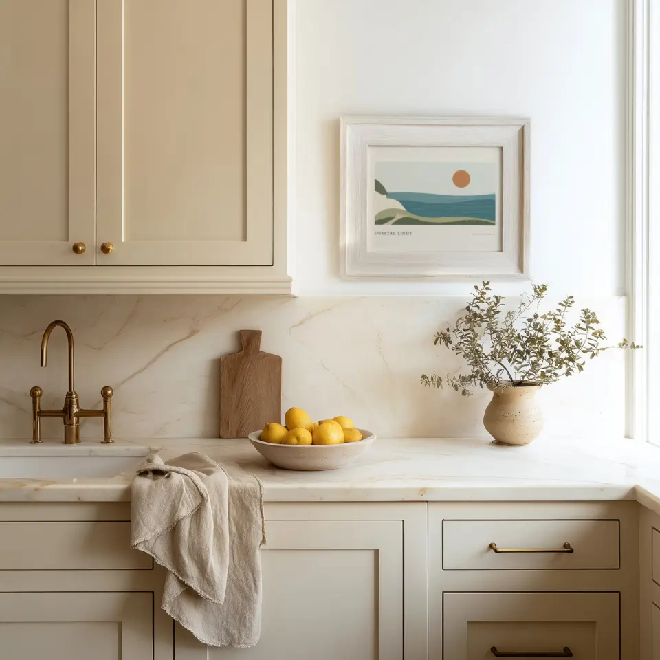 White kitchen wall: A wide whitewashed frame with a stepped inner edge hangs on a cream kitchen wall between painted cupboards and a bright window.
