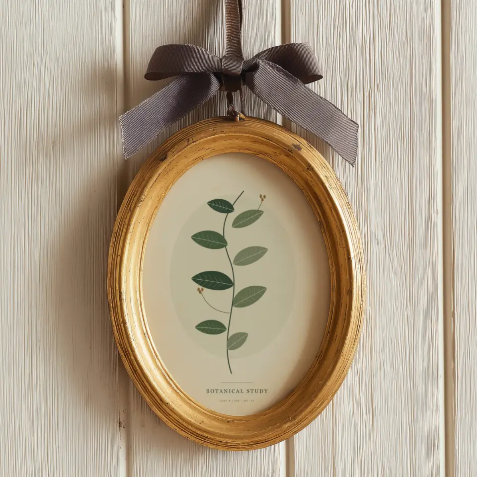 Ribbon oval: A portrait oval frame in burnished antique gold hangs from a charcoal grosgrain ribbon tied in a generous bow, against cream beadboard panelling.