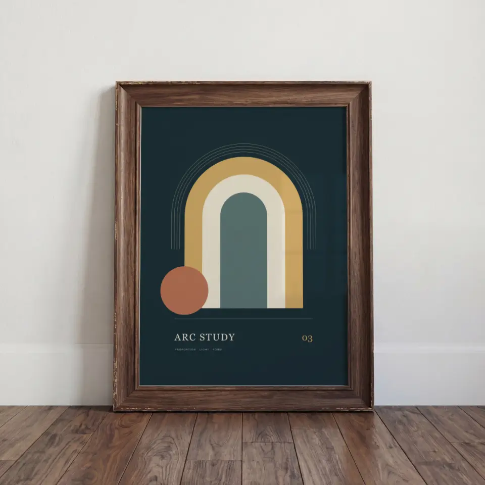 Walnut reflection: A wide walnut frame with worn, slightly chipped edges leans against a white wall on dark hardwood floorboards.