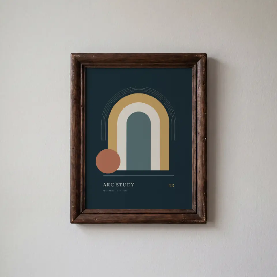 Rustic portrait: A chunky rustic frame in dark stained wood hangs on a plain warm-grey plaster wall, its stepped moulding showing knots, saw marks and softly rounded corners.