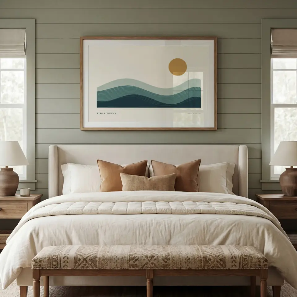 Bedroom reflection: This version of the sage shiplap bedroom shows the slim natural-oak frame with its glazing reflecting the window panes, lending a convincing sheen across the landscape opening.