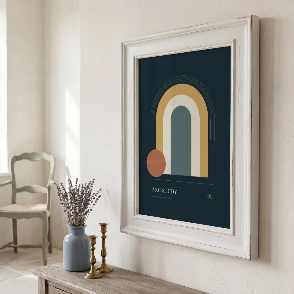 Angled white reflection: Seen at an angle, a wide distressed white frame with a deep stepped profile hangs on a white plaster wall above a rustic timber console.