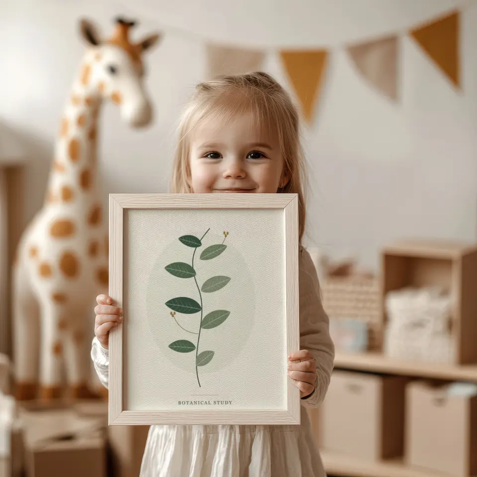Little collector: A smiling child holds up a thin natural-wood frame in a softly lit playroom, with a tall plush giraffe, mustard bunting, and storage cubes gently blurred behind her.