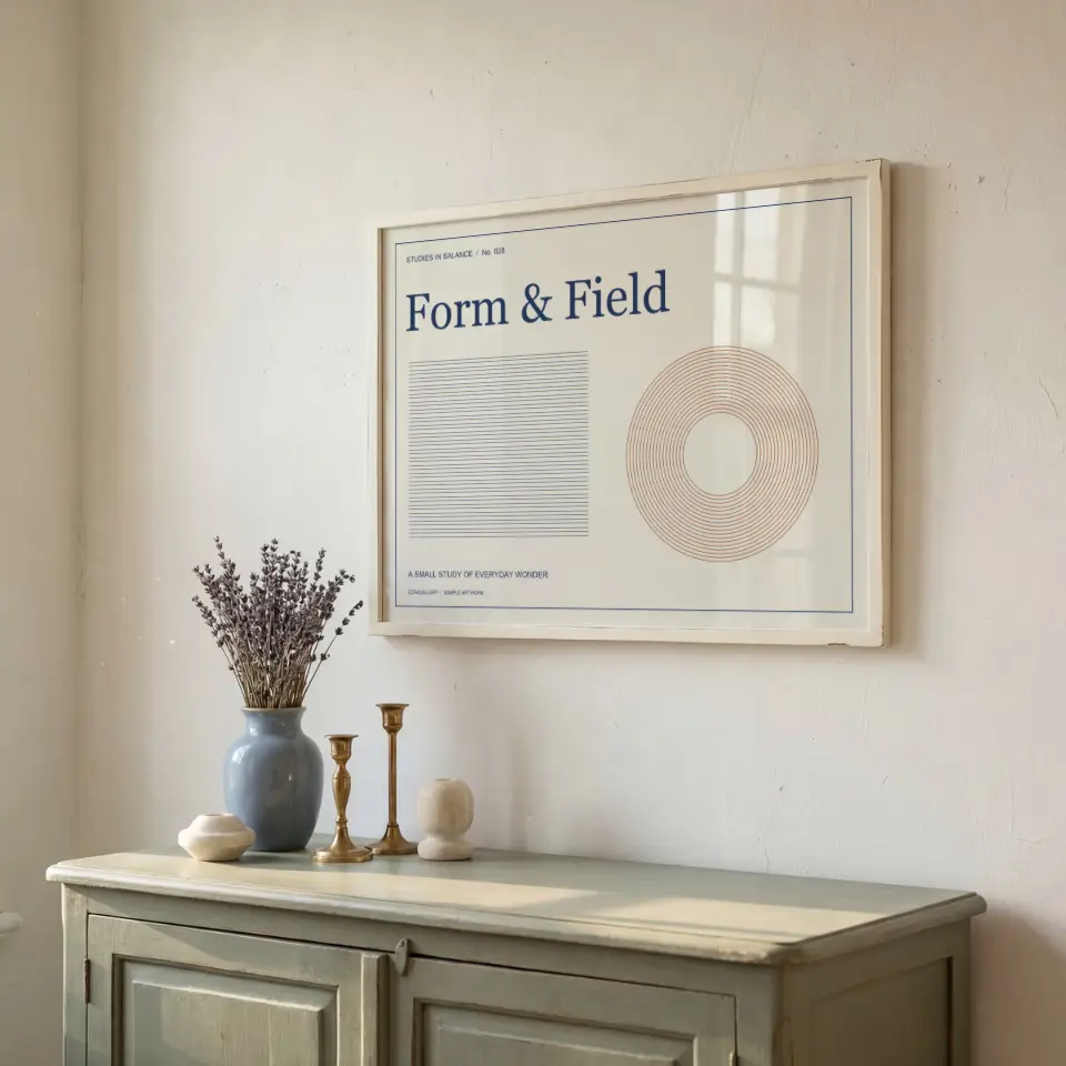 Sideboard reflection: A very slim pale-ash frame hangs on a white plaster wall above a sideboard painted in soft grey-green.