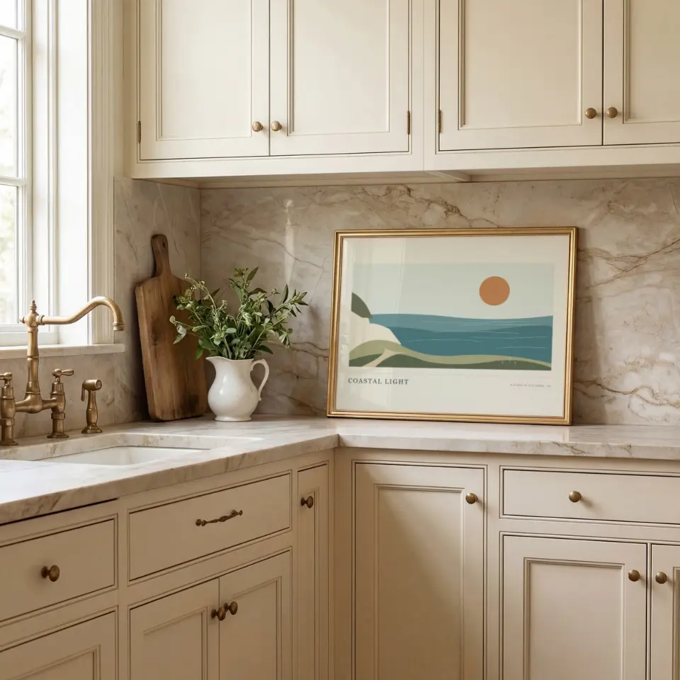 Kitchen countertop: A slim polished gold frame leans against a veined marble backsplash on the counter of a cream shaker kitchen.