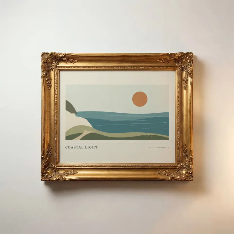 Gilded landscape: A richly ornate gold frame with scrolled acanthus corners and a beaded inner edge hangs on a pale plaster wall, lit from the right so the gilding glows along one side.