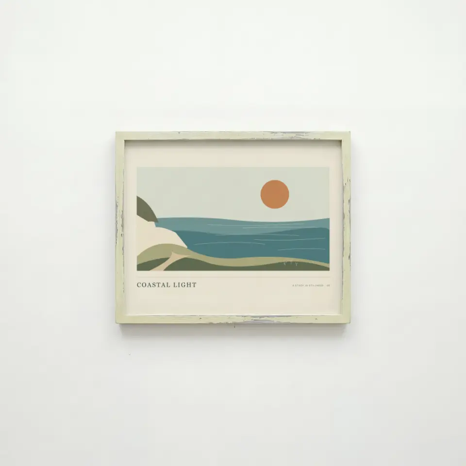 Soft green frame: A slim frame in chalky pale green, distressed to show darker wood at the worn corners and edges, hangs on a bare white wall.