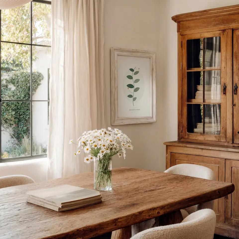 Sunlit oak dining: A slim weathered-wood frame, bleached almost to driftwood, hangs on a plaster wall between a sheer-curtained garden window and a tall oak glazed dresser.