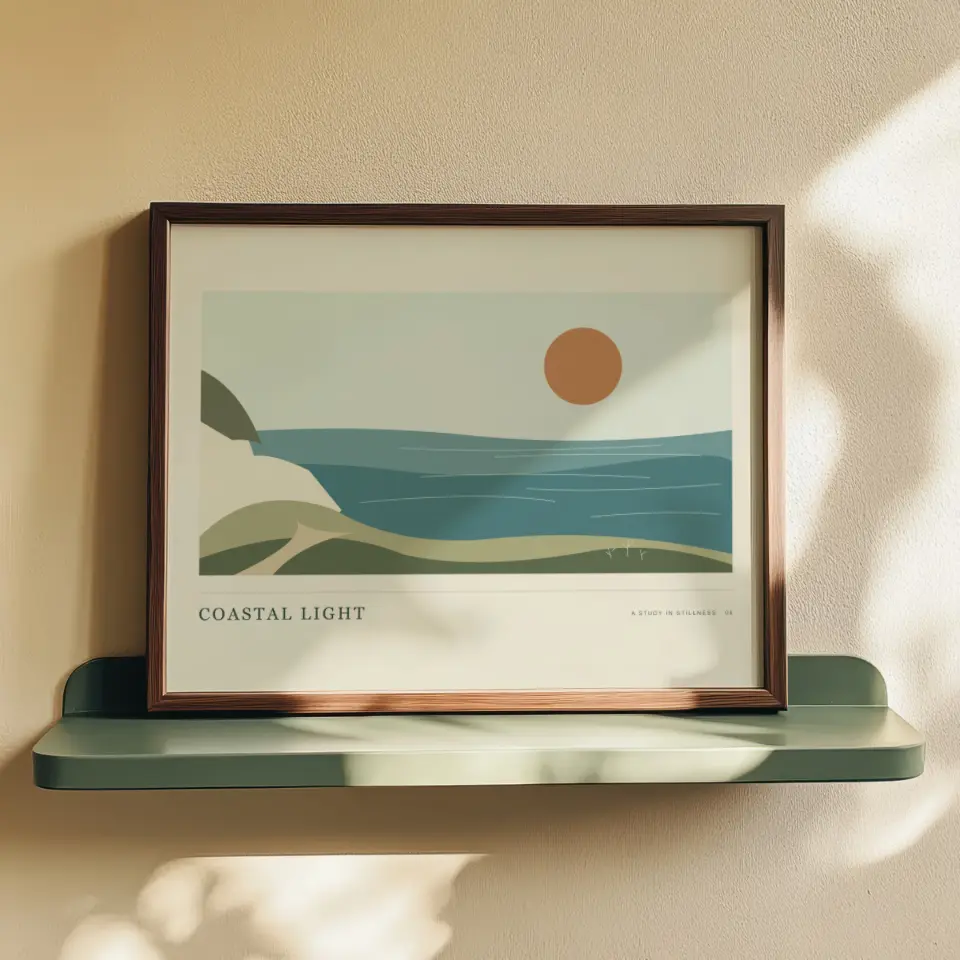 Walnut on sage: A slim walnut frame stands on a sage green floating shelf against a buttery yellow wall, with dappled leaf shadows and a strong patch of sunlight sliding across the glass.