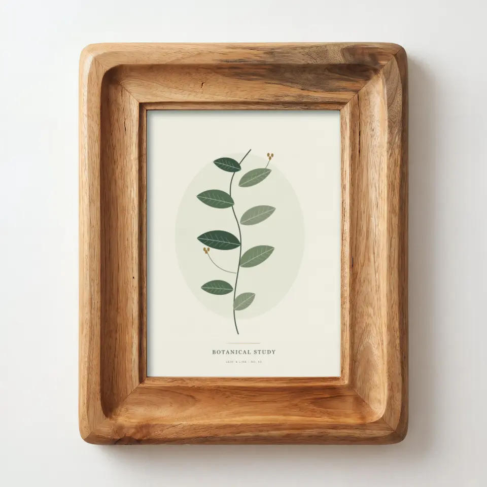 Sculpted oak: A deeply sculpted natural-oak frame, carved from thick timber with a scooped, tray-like profile and rounded outer corners, hangs on a bright white studio wall.