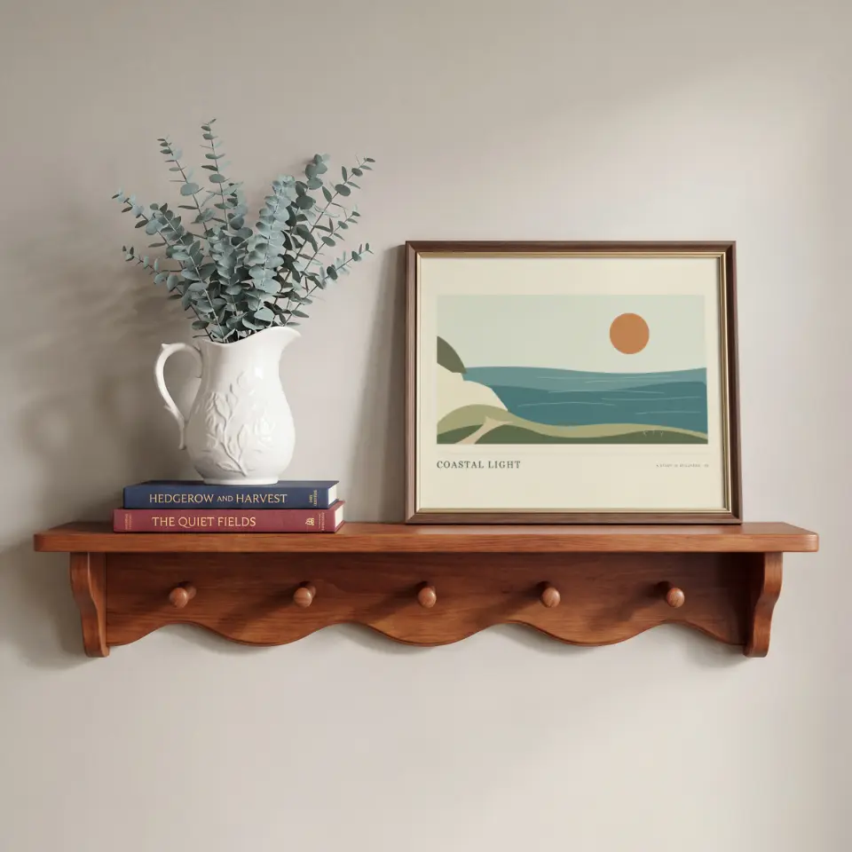 Welcoming shelf: A slim dark-wood frame with a fine gold inner lip leans on a scalloped cherry peg shelf against a warm grey wall.