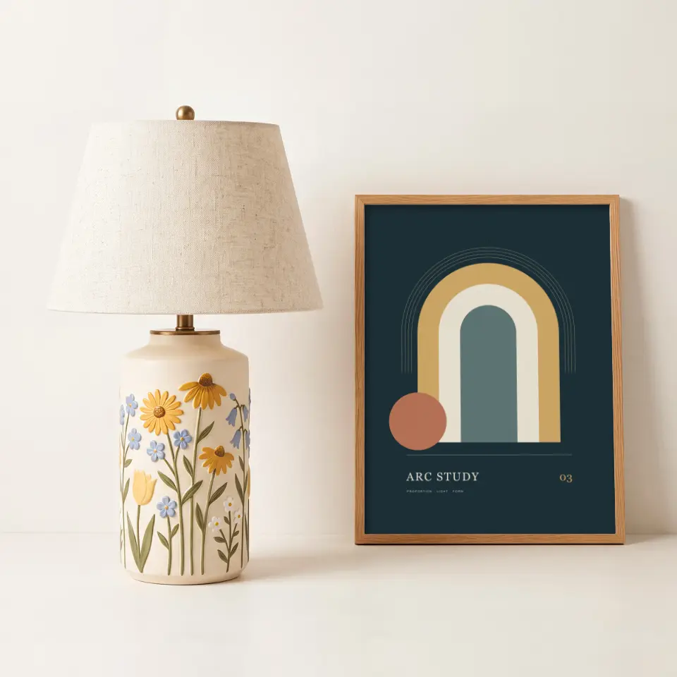 Wildflower lamp: A slim natural oak frame leans against a soft cream wall beside a ceramic table lamp painted with yellow daisies, blue forget-me-nots and tulips under a linen shade.