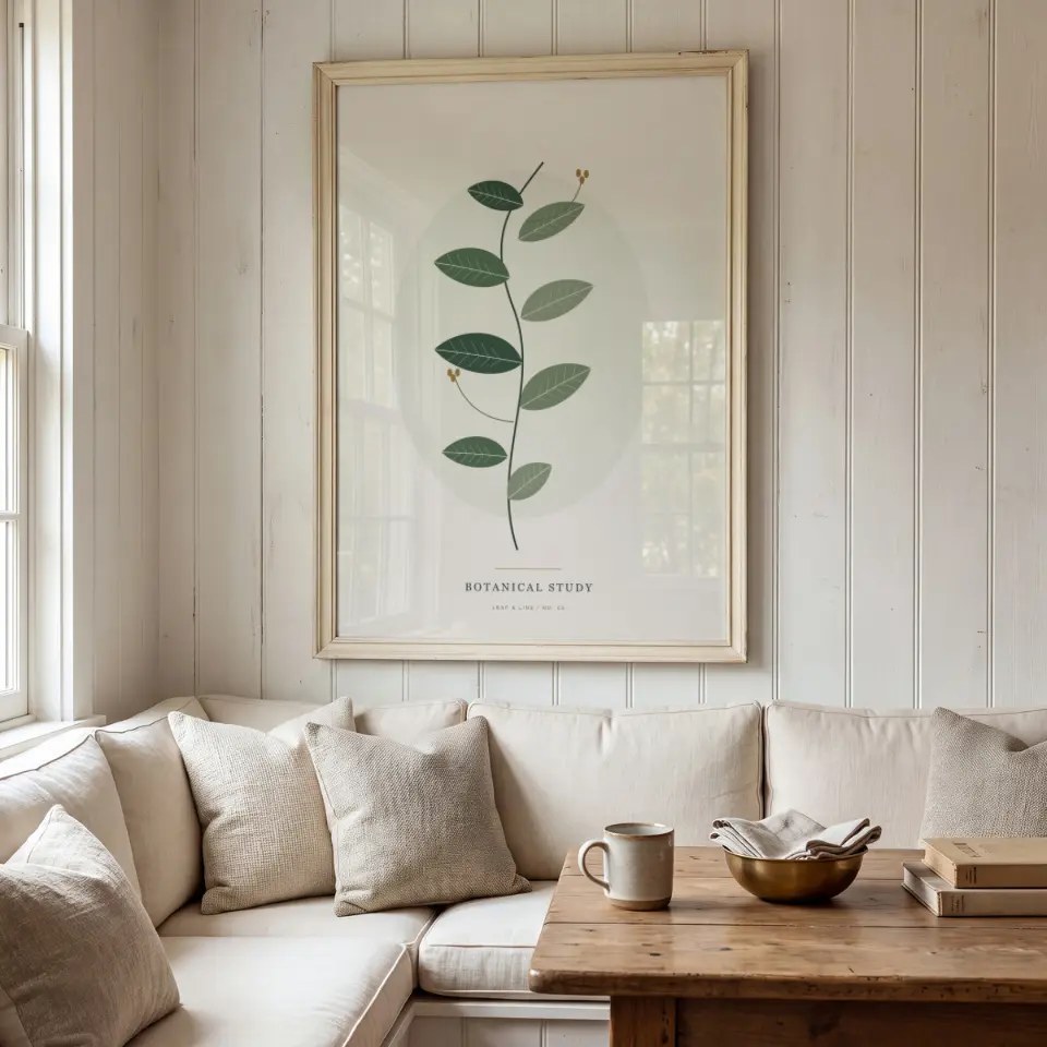 Quiet living room: A slim pale wood frame hangs on white shiplap panelling above a built-in banquette piled with cream linen cushions, with a plank coffee table, a stoneware mug and a brass bowl in front.