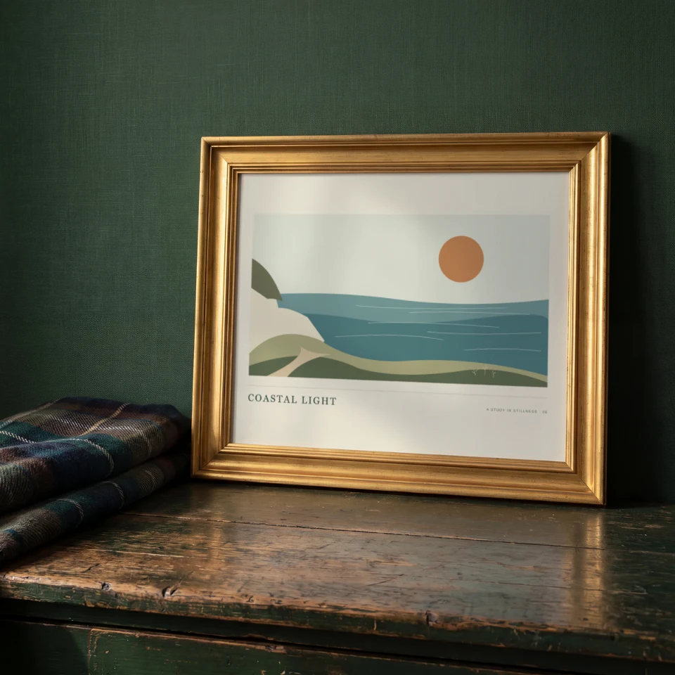 Tartan & Gold: Present your artwork in a gold landscape frame leaning on a worn green wooden sideboard.