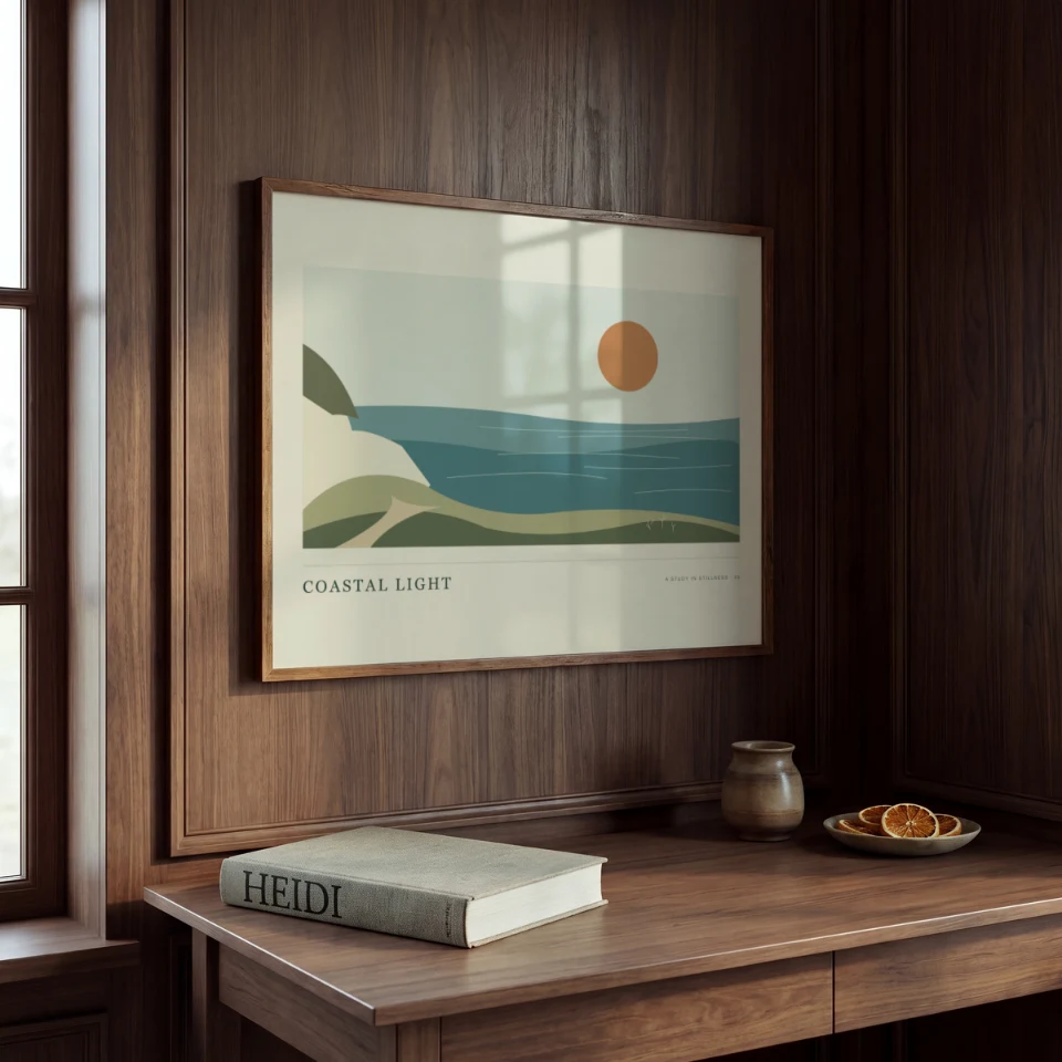 Walnut Panel Study: Present your artwork in a slim walnut landscape frame on rich walnut wall paneling above a writing desk.
