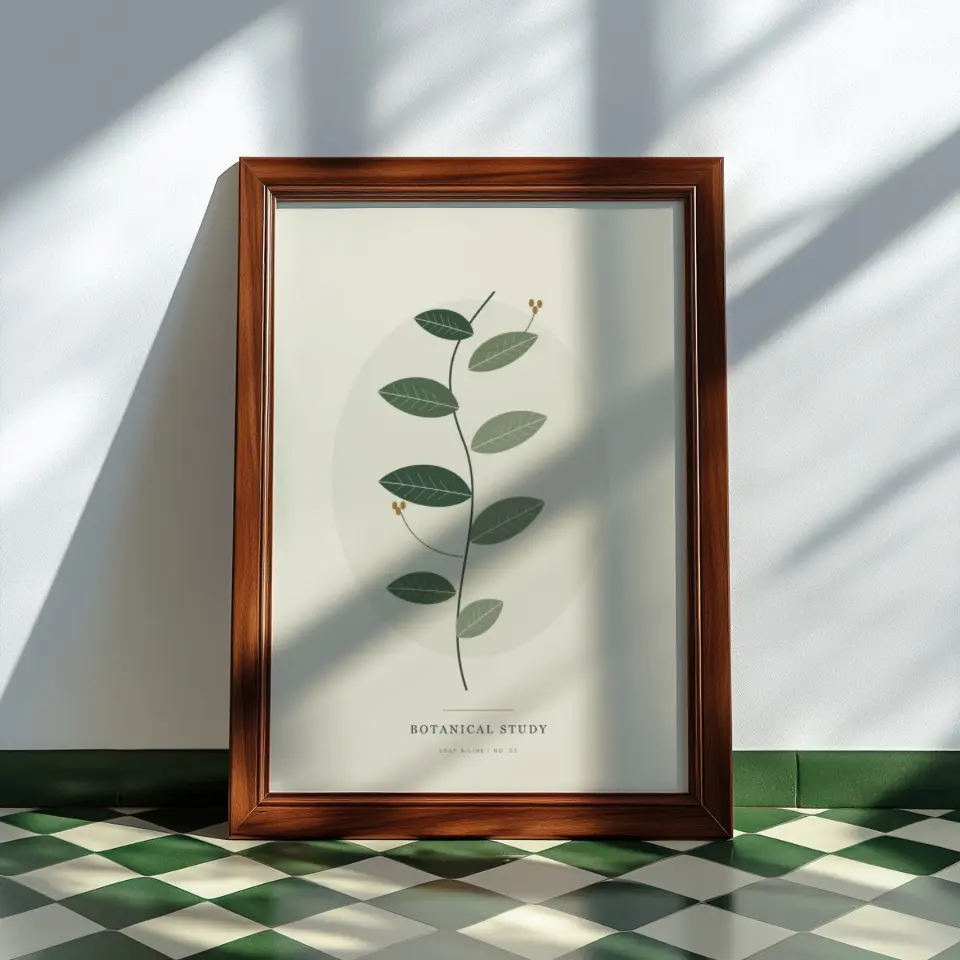 Sunlit walnut: A slim walnut frame leans against a bright white wall, standing directly on a green and cream checkerboard tiled floor.