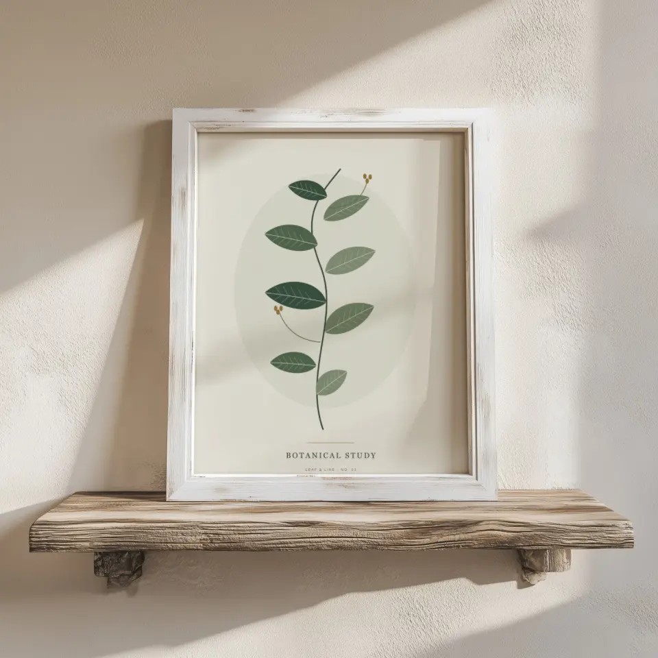 Whitewashed shelf: A softly distressed white frame, its edges worn back to bare wood in places, rests on a rough-hewn timber shelf against warm cream plaster.