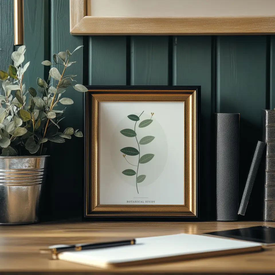 Deep green writing desk: A wide gold-lipped frame with a black outer band leans against deep green panelled wainscoting, resting on a polished wooden writing desk.