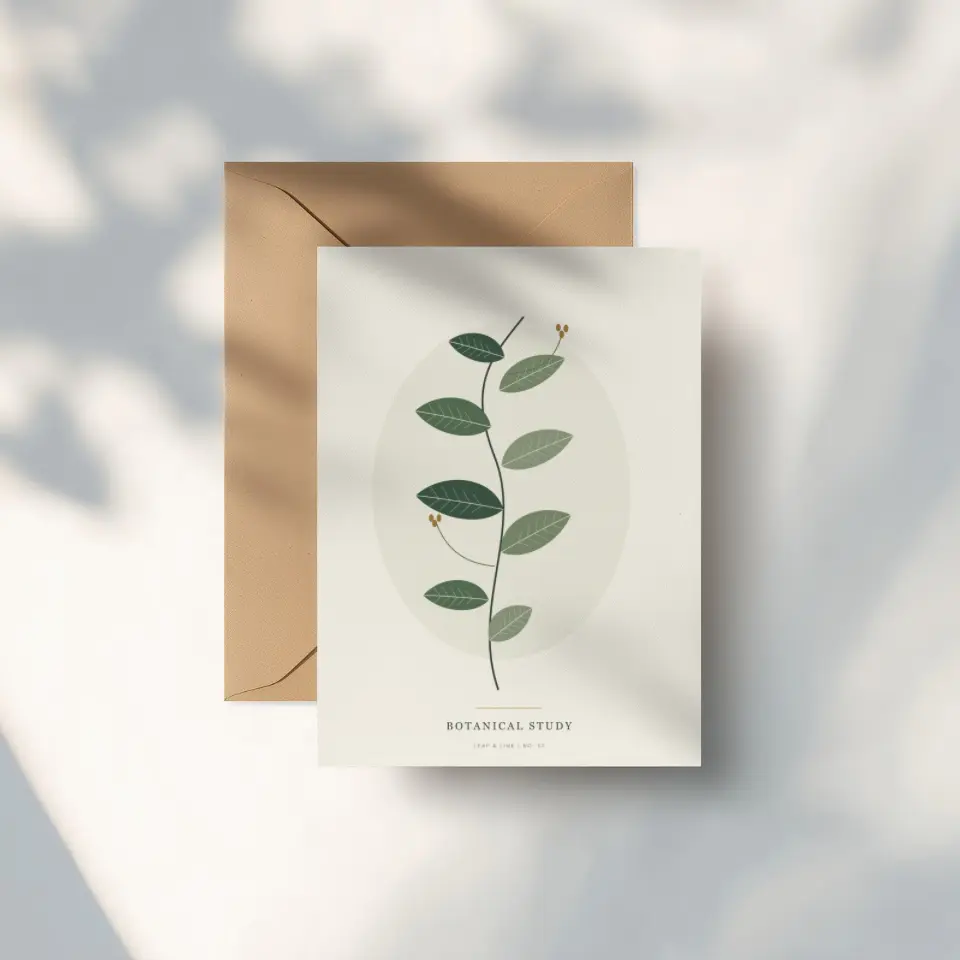 Everyday Stationery: A plain white portrait card overlaps a kraft paper envelope on a white surface, with dappled foliage shadows softening the whole scene.