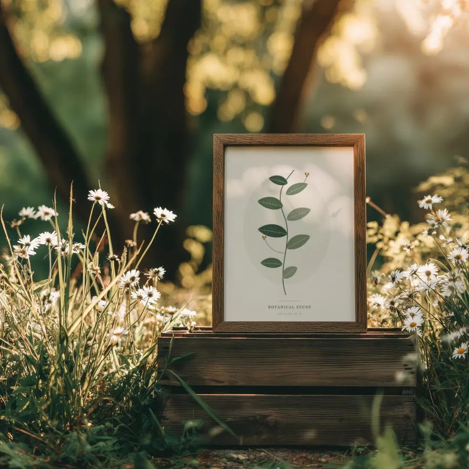 Meadow Keepsake: A small rustic wood frame stands on a weathered wooden crate in the middle of a sunlit meadow, with white daisies and long grass all around and golden trees blurring into the background.