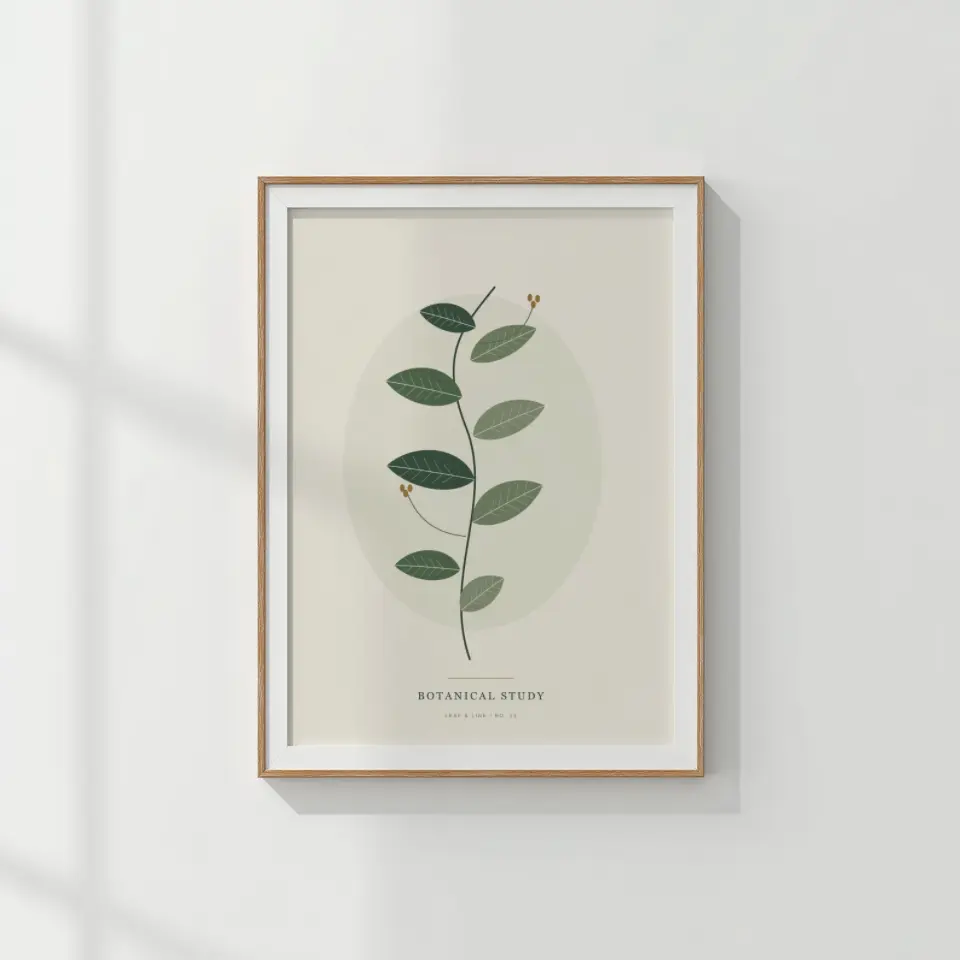 Quiet White Wall: A very slim natural oak frame with a wide white mat hangs on a bright white wall, where faint diagonal window shadows are the only texture.