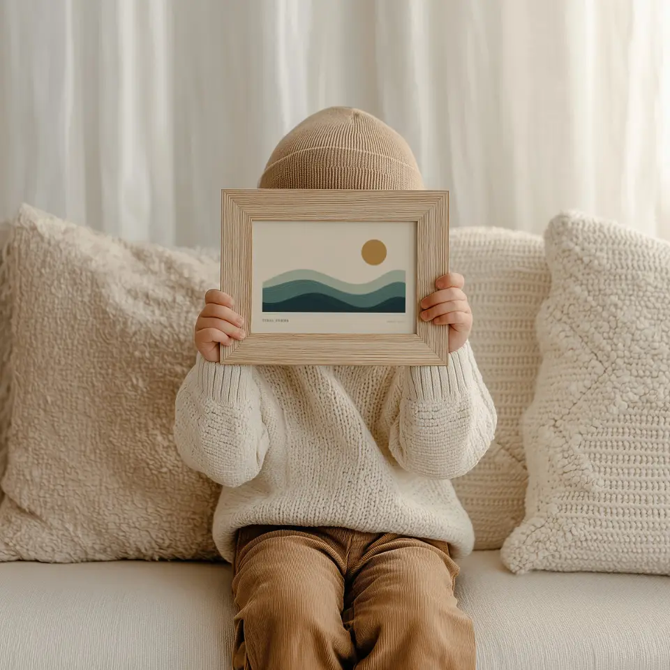 Small Hands: A child in a knitted beige hat and cream jumper holds a pale wood frame up in front of their face while sitting on a cream sofa between textured cushions, with a sheer curtain glowing behind.