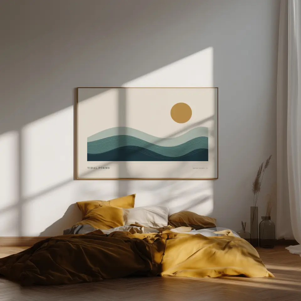 Golden Morning Bedroom: A slender gold frame hangs on a white wall above a low bed layered with ochre, mustard and chocolate linen, while morning sun through a window crosses the wall in warm diagonal bands.